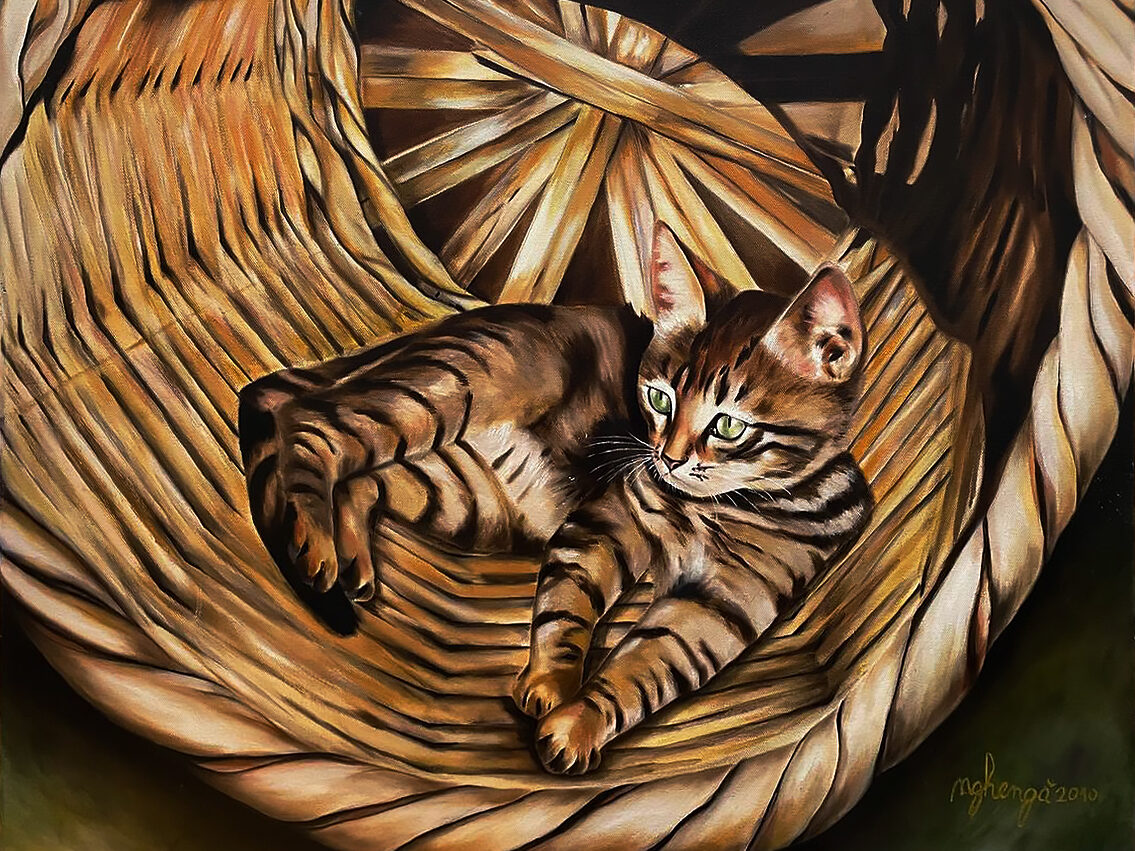 Gatto con cesta - Nghenga' - Olio su Tela - 80 x 60 cm [1400€]